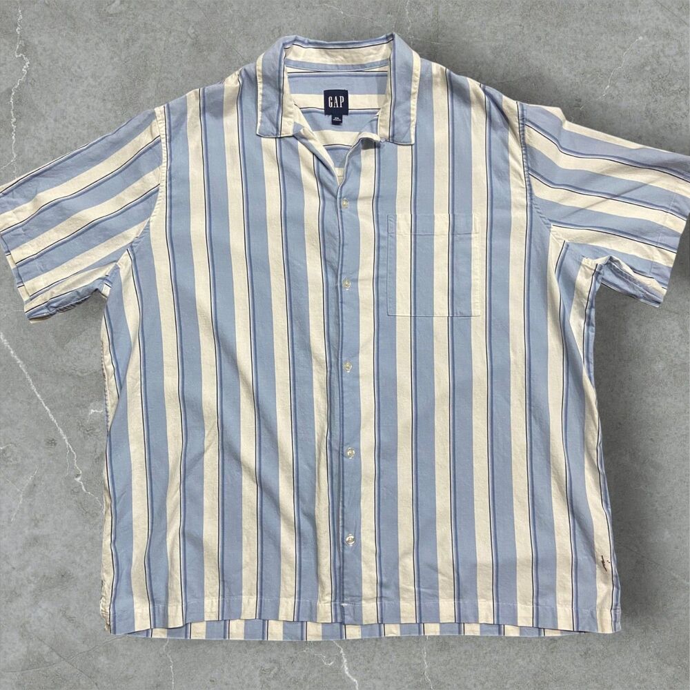 GAP Vintage Y2K Casual Striped Blue White Linen Blend Button Down Shirt NWT XXL